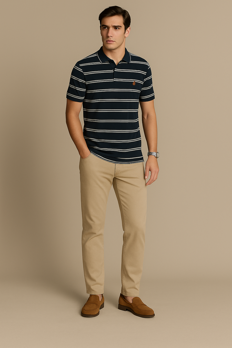 FAHRENHEIT Men Striped  Polo Shirt- Grey-White