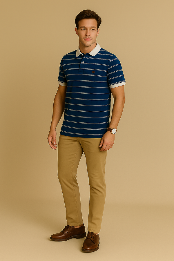 FAHRENHEIT Men Striped  Polo Shirt- Blue-White