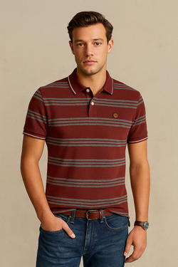 FAHRENHEIT Men Striped  Polo Shirt- Maroon-Grey
