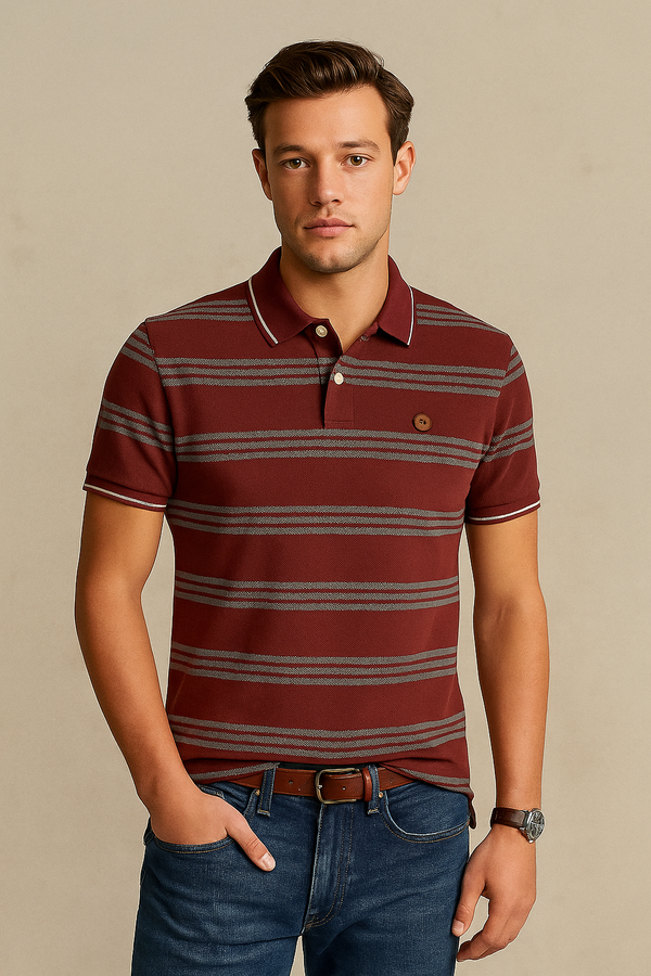 FAHRENHEIT Men Striped  Polo Shirt- Maroon-Grey