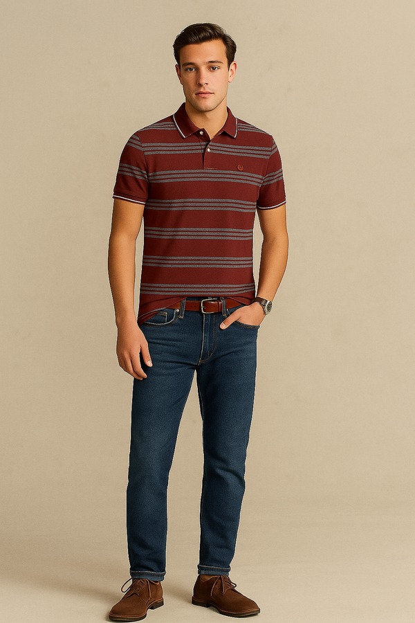 FAHRENHEIT Men Striped  Polo Shirt- Maroon-Grey