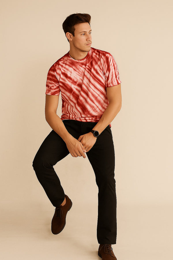 Tie And Dye Short Sleeve Crew Neck T-shirt- Red