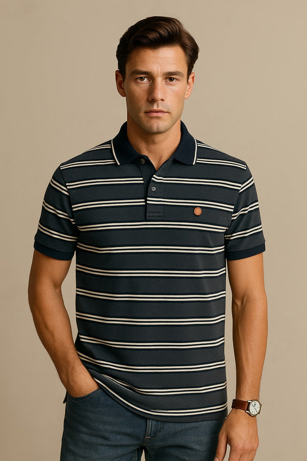 FAHRENHEIT Men Striped  Polo Shirt- Grey-White