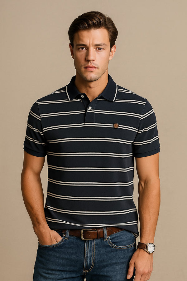 FAHRENHEIT Men Striped  Polo Shirt- Grey-White