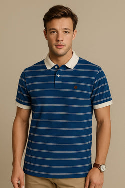 FAHRENHEIT Men Striped  Polo Shirt- Blue-White