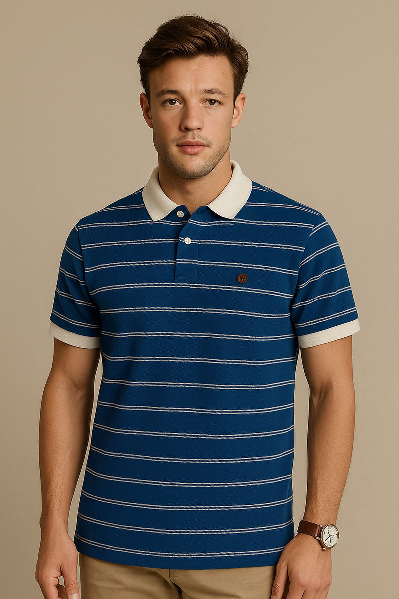 FAHRENHEIT Men Striped  Polo Shirt- Blue-White