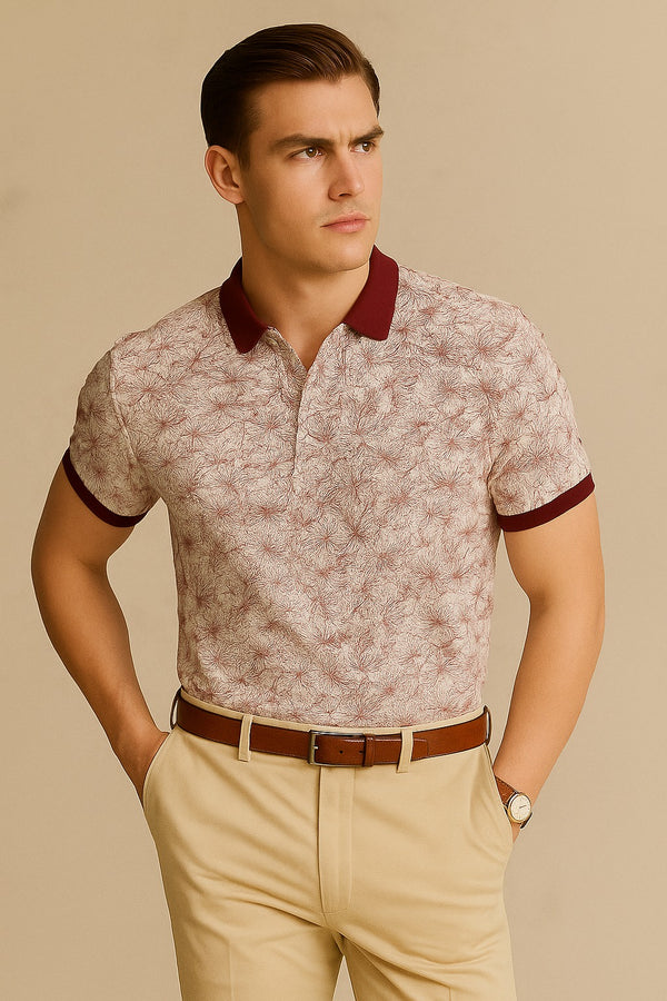 Tropical Printed Polo Shirt-Red