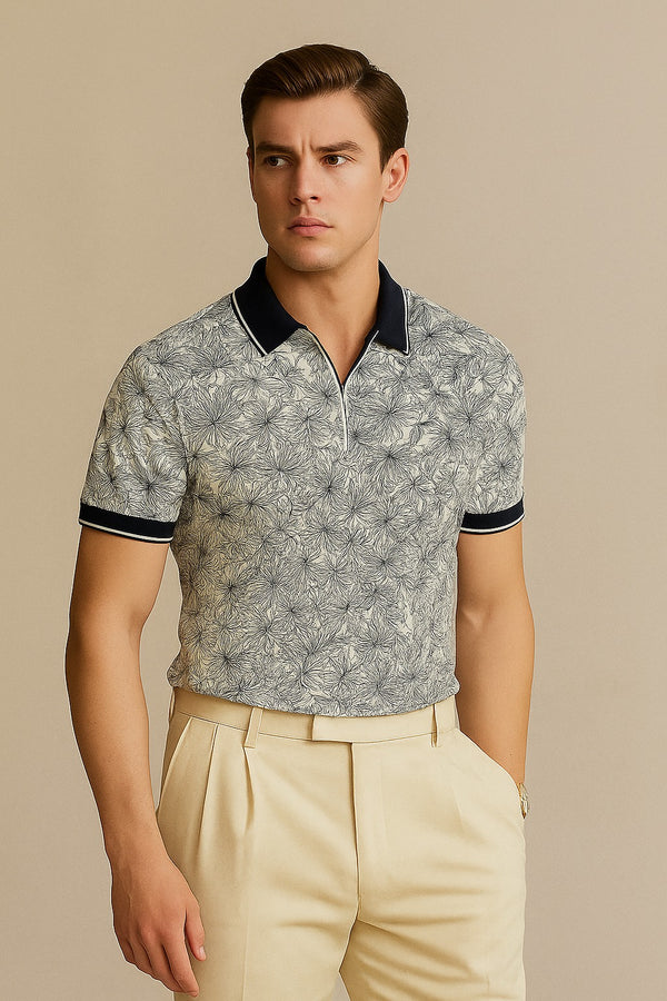 Tropical Printed Polo Shirt-Blue