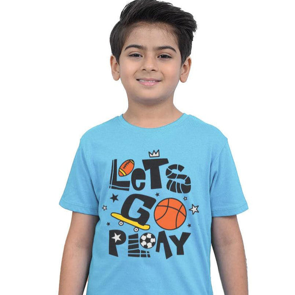 Child wearing a light blue t-shirt with colorful graphics and text on a white background