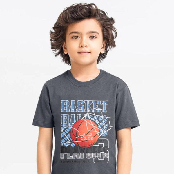 Child wearing a dark gray t-shirt with a basketball graphic and text on a white background